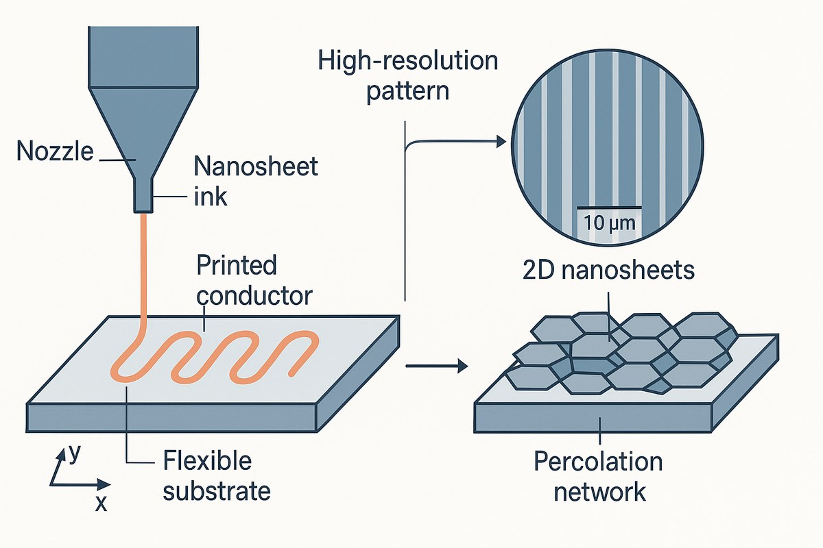 Graphical abstract: a direct-ink-writing nozzle prints a conductive micro-line with nanosheet ink, with a zoom inset showing 10 micrometer high-resolution patterns